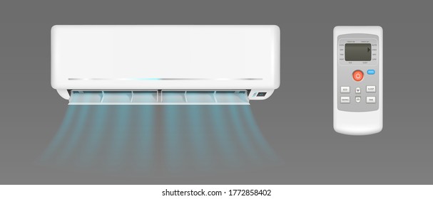 Air conditioner with cold wind flows and remote control. Vector realistic mockup of split system for climate control in home room or office. White aircon isolated on gray background