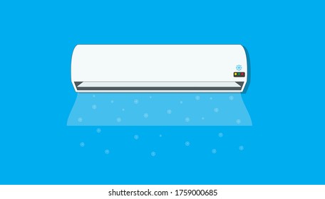Air conditioner with cold wind and snowflake symbol on blue background
