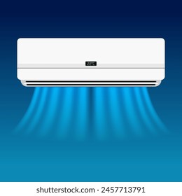 Air conditioner with cold wind waves flat vector design on blue background