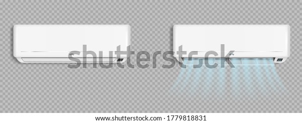 Air conditioner with cold wind waves,\
conditioning off and on regime for home and office, electronic\
modern appliance for controlling temperature and climate in room,\
realistic 3d vector\
illustration