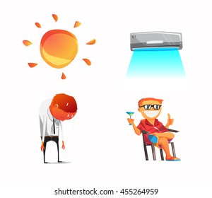 Klimaanlage. Komfortables Leben einzeln auf weißem Hintergrund. Humorisches lustiges Bild für die Werbung Klimaschutz und Kühlung durch die Hitze. Schwitzen Sie unterwegs. Arbeit macht Spaß