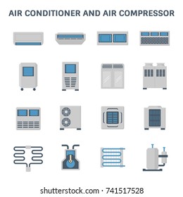 Air conditioner and air compressor or air condenser unit
both is a part of cooling function and air conditioning HVAC systems, 
That is process of removing heat and moisture from interior, Vector icon