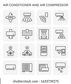 Air Conditioner And Air Compressor Vector Icon. Including With Smart Sensor And Remote Control Device Using To Operate Air Flow, Wind Direction And Cold Level From A Short Distance Via Wireless. 