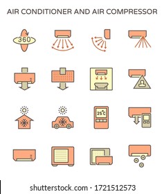 Air conditioner and air compressor vector icon. Including with smart sensor and remote control device using to operate air flow, wind direction and cold level from a short distance via wireless. 