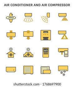 Air conditioner and air compressor vector icon. Including with smart sensor and remote control device using to operate air flow, wind direction and cold level from a short distance via wireless. 