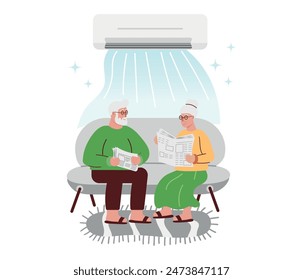 Concepto de aire acondicionado. Una pareja de ancianos se sienta en un sofá bajo el sistema de aire acondicionado. Enfriamiento de las habitaciones de verano. Vector Imagen. Ilustración del control de confort del hogar, aire acondicionado