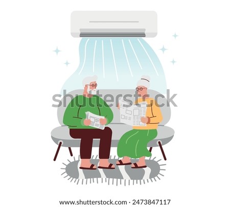 Air conditioner concept. An elderly couple sits on a sofa under the air conditioning system. Cooling of summer rooms. Vector image. Illustration of home comfort control, air conditioning