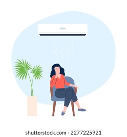 Air conditioner concept. Woman sitting on chair at comfort climatic at home. Cooling or heating room, ventilation. Cartoon flat girl rest recent vector scene