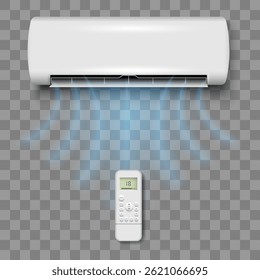 Air Conditioner with cooling flows and remote control,white cooling system, equipment for air cold wind, climate control, condition comfort fresh flow. Realistic vector illustration