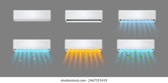 Regímenes de refrigeración y calefacción del aire acondicionado. Vector aislado conjunto realista con ondas frías y calientes soplando. Electrodomésticos para el control del climatizador. Modos de verano e invierno para una temperatura cómoda