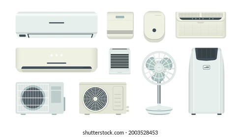 Air conditioner. Cooling system and climate control equipment. Isolated breather and ventilator. Home ventilation. Purifier or humidifier. Vector electrical conditioning appliance set