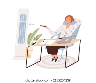 Air conditioner cooling temperature in office. Happy person turning on conditioning system with remote control, enjoying cold blowing. Flat graphic vector illustration isolated on white background.