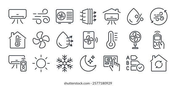 Air conditioner editable stroke outline icons set isolated on white background flat vector illustration. Pixel perfect. 64 x 64