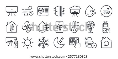 Air conditioner editable stroke outline icons set isolated on white background flat vector illustration. Pixel perfect. 64 x 64