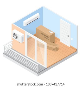 Air Conditioner In Empty Room With Balcony. Vector Isometric Illustration Of Home Or Office With Condition System. Concept Of Install Ventilation Aircon In House Or Apartment