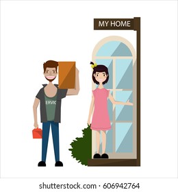 Air conditioner engineer standing front of customer house.Vector/Illustration