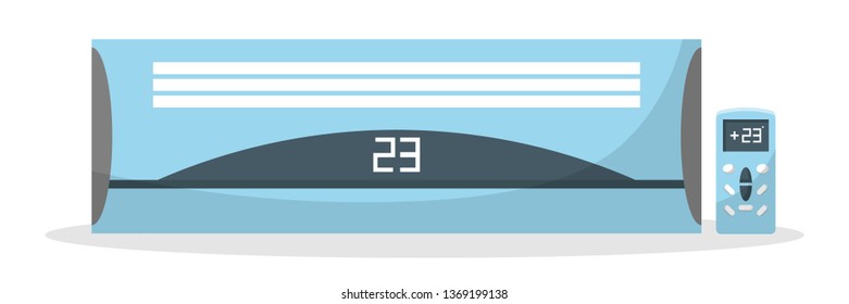 Air conditioner flat vector illustration. Remote control, thermostat showing comfort temperature isolated clipart. Household supply cooling, heating air. Electric house equipment design element