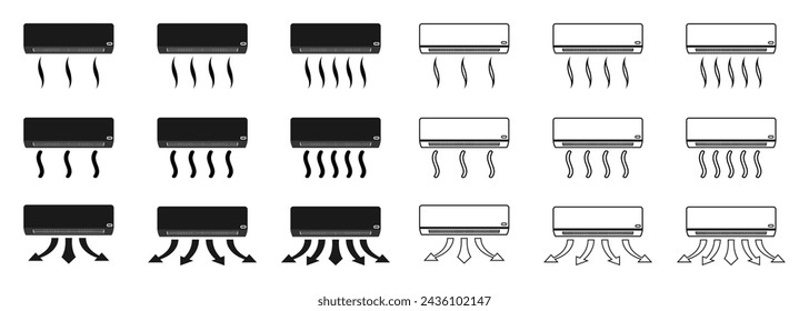 Acondicionador de aire con conjunto de iconos de flujo de aire. ilustración vectorial aislada sobre fondo blanco.