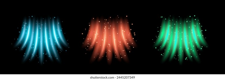 Air conditioner flow wind effect. Abstract light blue, red, green neon waves or 3d magic smoke. Breeze cold and hot swirls isolated on black background, vector illustration