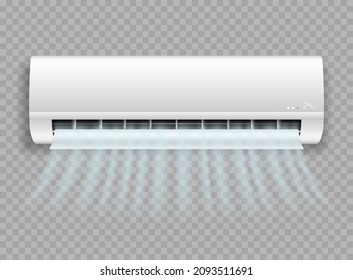 Air Conditioner Handing On Wall Blowing Fresh Wind Realistic Icon. Split System For Climate Control With Cold Flows Isolated On Transparent Background. Vector Illustration