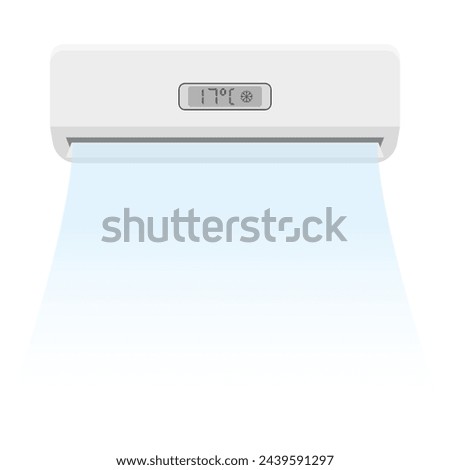 air conditioner handing on wall and conditioning ventilation, flat vector illustration of split system for climate control with cold wind flows, air con isolated on white background