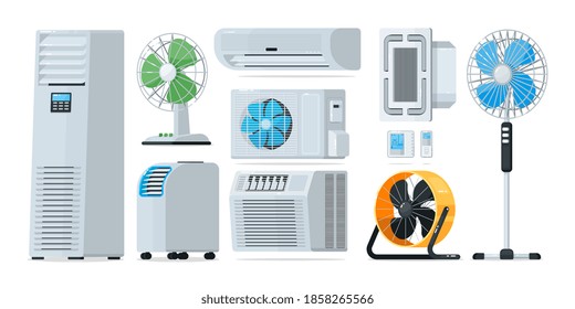 Air conditioner heating and cooling household appliance set. Floor, wall-mounted, home and industrial fan, conditioner, thermostat for climate control vector illustration isolated on white background
