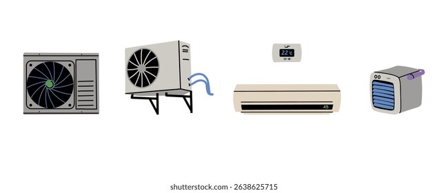 Air conditioner. Home appliance. Electrical equipment. Climate control. Cold wind. Vector cartoon flat style isolated illustration