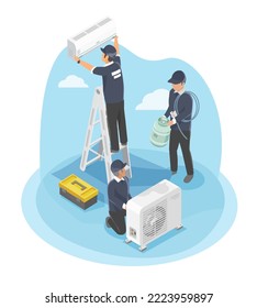 air conditioner home services icon concept process worker help to  install at customer house isometric