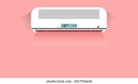 Klimaanlage mit Warmluft. Digitales grünes Display zeigt Lufttemperatur. roter Hintergrund.