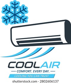Air Conditioner HVAC Logo Template with Split Unit, Snowflake and Cool Airflow