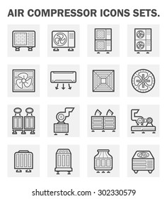 Air conditioner icon i.e. air compressor, condenser unit, ventilation, duct, cooling tower and chiller. That is a part of HVAC system to remove heat and moisture, temperature and humidity control.