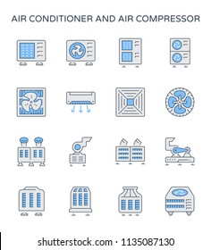 Air conditioner icon. Including with air compressor, condenser unit, ventilation, duct and chiller. That is a part of HVAC systems to removing heat and moisture from interior.  Vector icon set design.