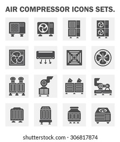 Air conditioner icon. Including with air compressor, condenser unit, ventilation, duct and chiller. That is a part of HVAC systems to removing heat and moisture from interior.  Vector icon set design.