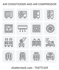 Air Conditioner Icon. Including With Air Compressor, Condenser Unit, Ventilation, Duct And Chiller. That Is A Part Of HVAC Systems To Removing Heat And Moisture From Interior.  Vector Icon Set Design.