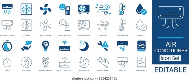 Air conditioner icon set. Includes cooling, temperature, ventilation, airflow, eco mode, humidity, timer, purifier, energy-saving symbols.  Editable line and solid Icons set collection.