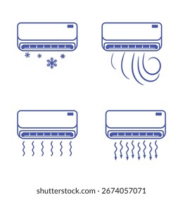 Air Conditioner Icon Set Showing Cooling, Heating, Wind, and Strong Flow in Blue on White Background.
