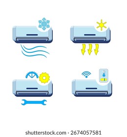 Conjunto de iconos de aire acondicionado que muestra enfriamiento, calefacción, viento y flujo fuerte en azul sobre fondo blanco.
