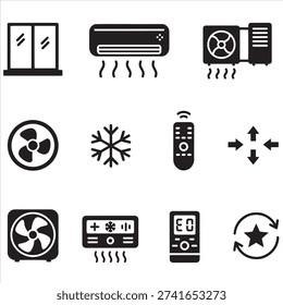 Air Conditioner Icons Set – Cooling, Heating, Ventilation, Remote Control, and HVAC Symbols