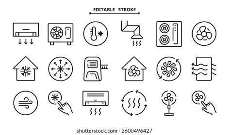 Air conditioner icons set. Editable stroke. Home appliance. Electrical equipment. Vector outline icons collection for your website, mobile, presentation, and logo design