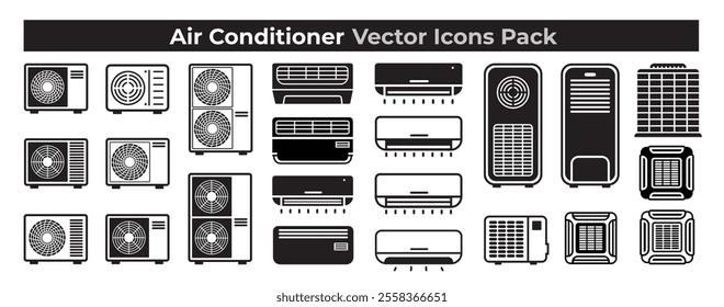 Air conditioner icons set. Heat pump icon vectors. AC unit icon. HVAC systems. Air conditioning indoor, outdoor products. air condition machines. minimal style.