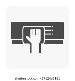 Air conditioner indoor unit cleaning vector icon. Hand wiping evaporator indoor unit, representing AC cleaning, HVAC maintenance for cooling efficiency, healthy airflow and energy savings.