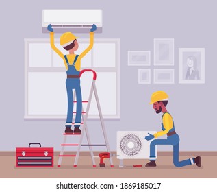 Air Conditioner installation by service technicians at home. Professional crew working in a room to handle new split system outdoor unit and indoor cabinet. Vector flat style cartoon illustration