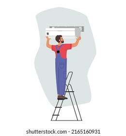 Air Conditioner Installation by Service Technician at Home. Professional Crew Character Working in Room Install New Split Indoor Cabinet System Unit. Cartoon People Vector Illustration
