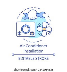 Air conditioner installation concept icon. Home service for electronic devices idea thin line illustration. Exhaust fan, cooling appliance installing. Vector isolated outline drawing. Editable stroke