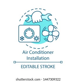Air conditioner installation concept icon. Home service for electronic devices idea thin line illustration. Vector isolated outline drawing. Exhaust fan, cooling appliance installing. Editable stroke