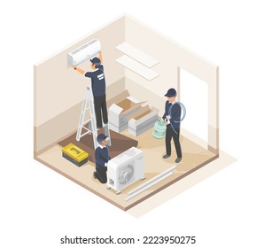 air conditioner installation and maintenance home services worker install at customer house room isometric vector isolated