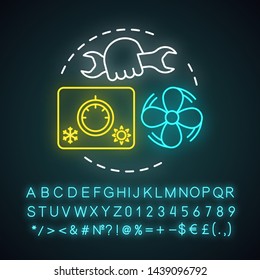 Air conditioner installation neon light concept icon. Home service for electronic devices idea. Exhaust fan installing. Glowing sign with alphabet, numbers and symbols. Vector isolated illustration