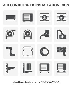 Air conditioner installation ,part and material icon. Including with air compressor, condenser unit, copper tube, bender, worker or technician, pvc line cover tubing, thermal insulation, tape, support