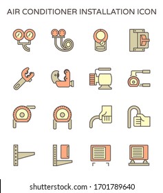 Air conditioner installation part and tool icon such as manifold, meter, breaker, tube cutter, vacuum pump and tube bender. Including with air compressor or condenser unit and support. Vector icon set
