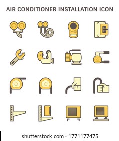 Air conditioner installation part and tool icon such as manifold, meter, breaker, tube cutter, vacuum pump and tube bender. Including with air compressor or condenser unit and support. Vector icon set